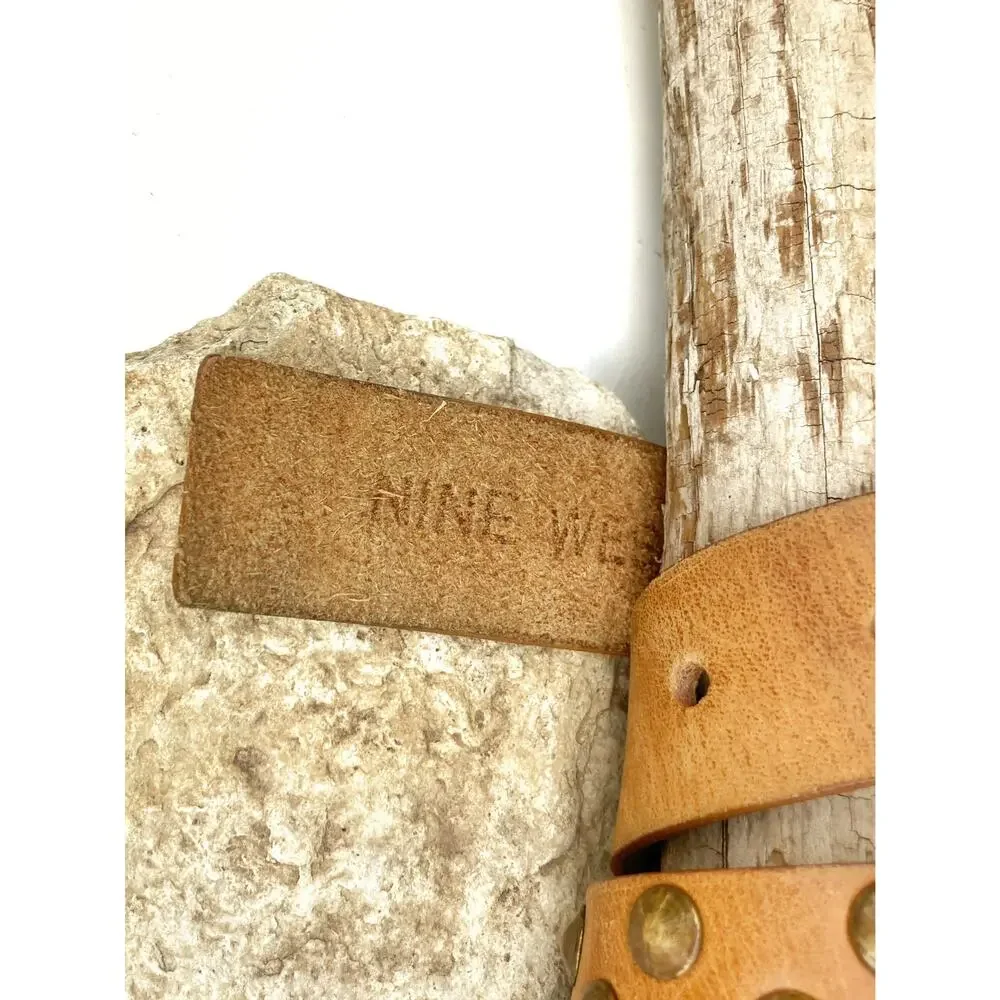 Vintage Nine West Cognac Leather Studded Belt Y2K Unisex Brass Punk Moto Western